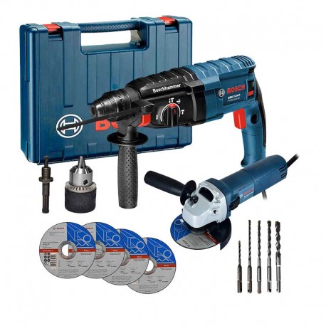 Taladro Rotomartillo GBH 2-24D + Miniesmeriladora GWS670 Bosch + Brocas